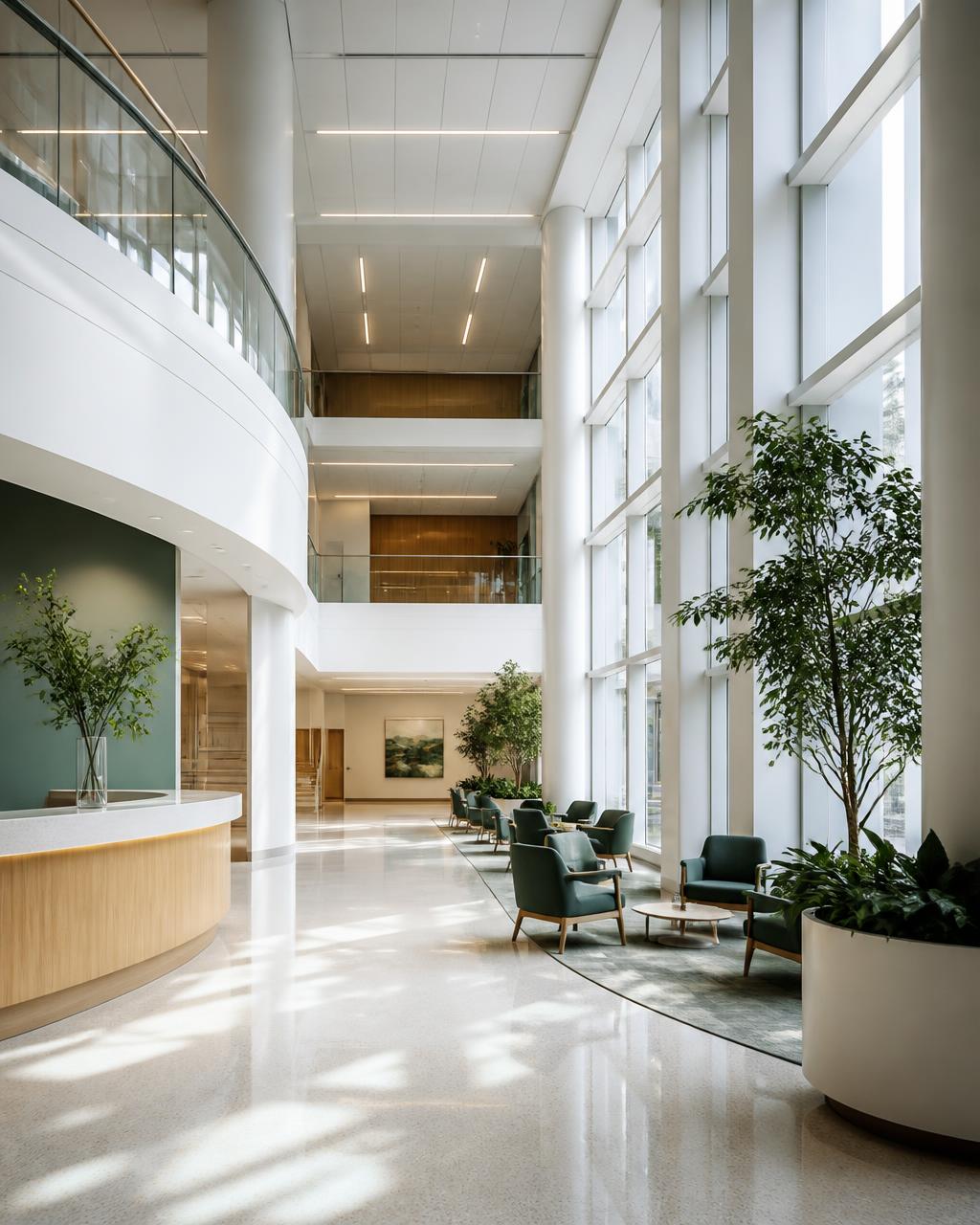 Atrio de un hospital contemporáneo con luz natural